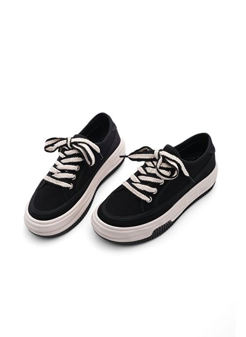 Kadın Sneaker Yüksek Taban Bağcıklı Bez Spor Ayakkabı Kotnel Siyah - Görsel 6