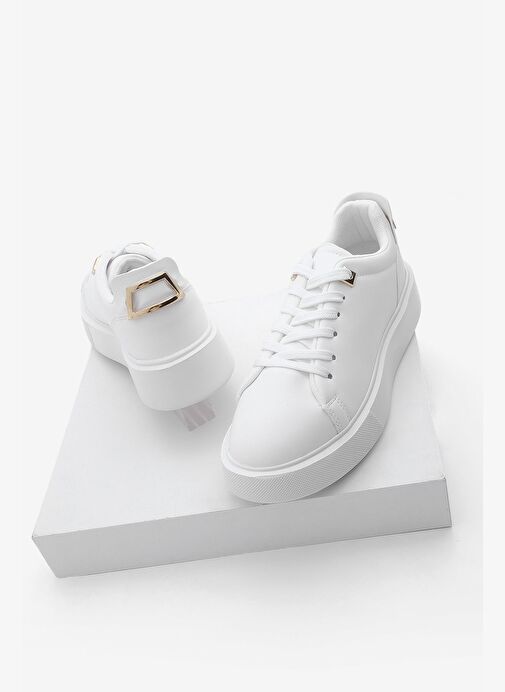 Kadın Sneaker Kalın Taban Altın Toka Detaylı Bağcıklı Spor Ayakkabı Rofke Beyaz - Görsel 2