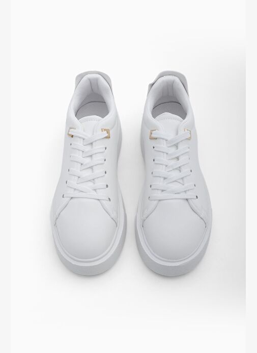 Kadın Sneaker Kalın Taban Altın Toka Detaylı Bağcıklı Spor Ayakkabı Rofke Beyaz - Görsel 5