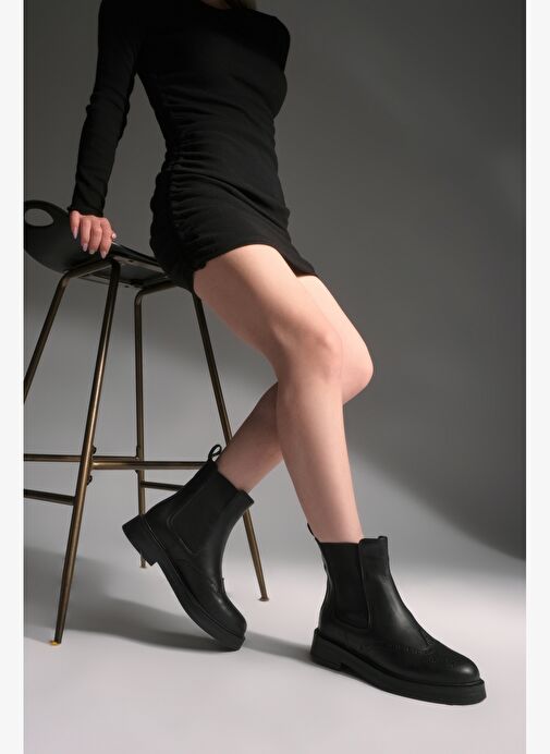 Kadın Hakiki Deri Elastik Yan Bantlı Günlük Bot Yestin Siyah - Görsel 2