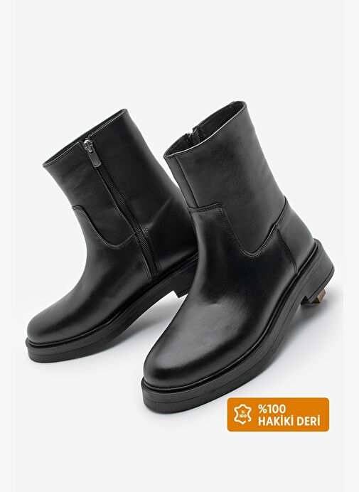 Kadın Hakiki Deri Kalın Taban Günlük Bot Zervas Siyah - Görsel 2