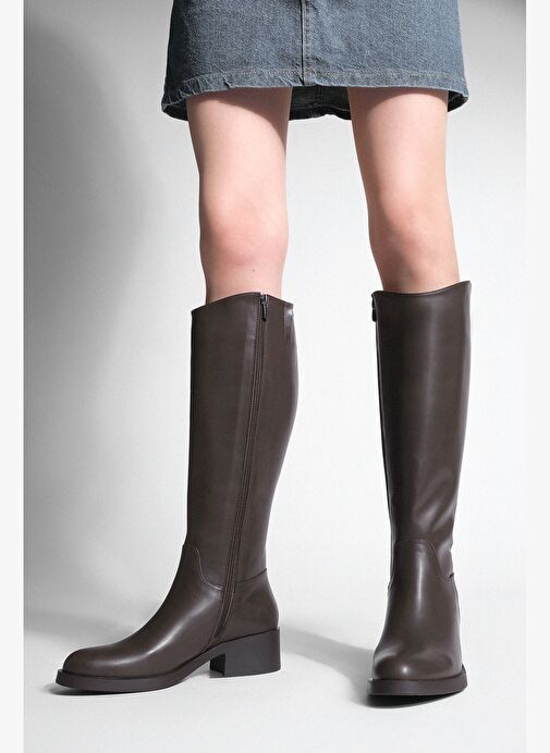 Kadın Dizaltı Fermuarlı Günlük Çizme Maypos Kahve - Görsel 5