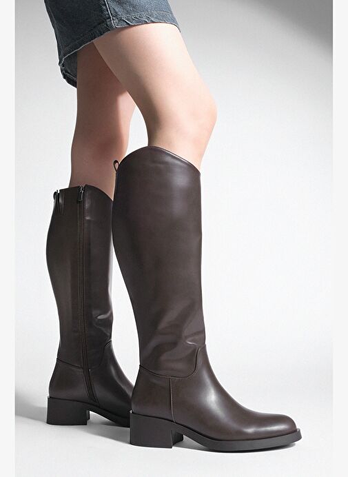 Kadın Dizaltı Fermuarlı Günlük Çizme Maypos Kahve - Görsel 3