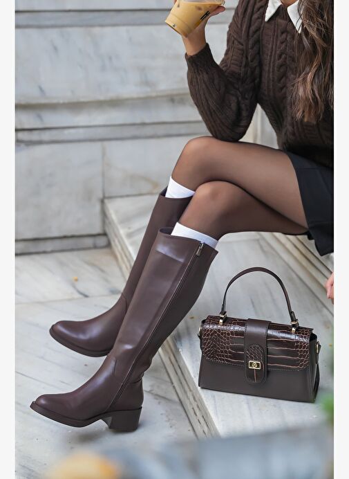Kadın Dizaltı Fermuarlı Günlük Çizme Maypos Kahve - Görsel 7