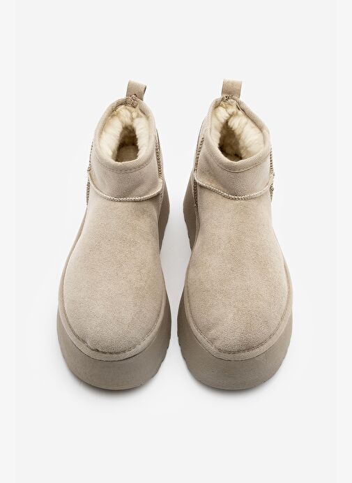 Kadın Kalın Taban İçi Kürklü Yarım Bot Tefis Bej Süet - Görsel 6