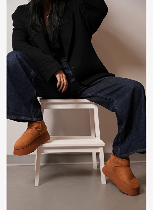 Kadın Kalın Taban İçi Kürklü Yarım Bot Tefis Taba Süet - Görsel 3