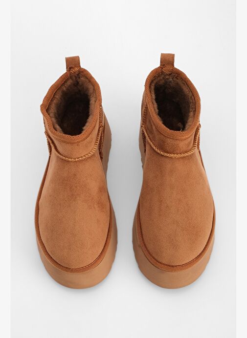 Kadın Kalın Taban İçi Kürklü Yarım Bot Tefis Taba Süet - Görsel 6