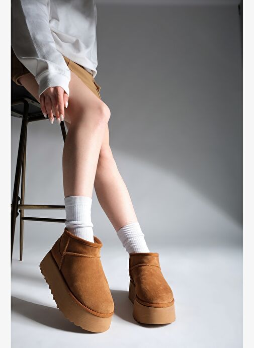 Kadın Kalın Taban İçi Kürklü Yarım Bot Tefis Taba Süet - Görsel 5