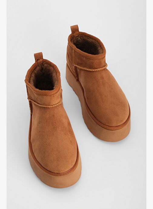 Kadın Kalın Taban İçi Kürklü Yarım Bot Tefis Taba Süet - Görsel 2