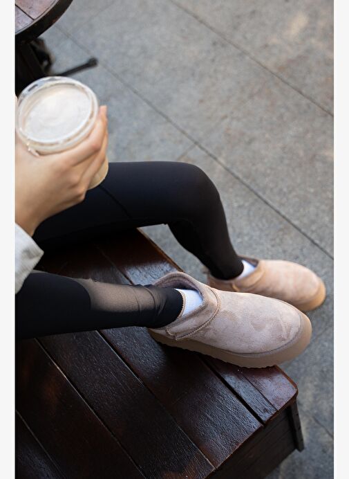 Kadın Kalın Taban İçi Kürklü Yarım Bot Tefis Vizon Süet - Görsel 7