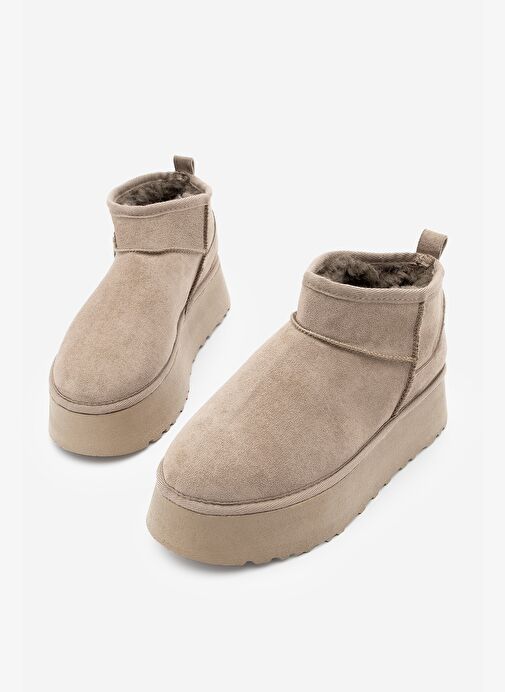 Kadın Kalın Taban İçi Kürklü Yarım Bot Tefis Vizon Süet - Görsel 3