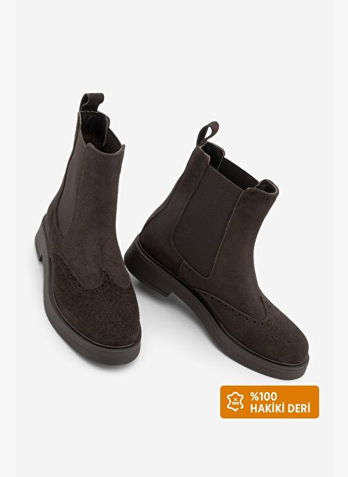 Kadın Hakiki Deri Elastik Yan Bantlı Günlük Bot Yestin Kahve Süet - Görsel 2
