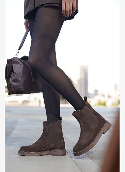 Kadın Hakiki Deri Elastik Yan Bantlı Günlük Bot Yestin Kahve Süet - Görsel 3