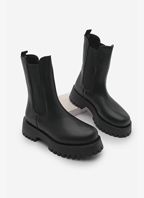 Kadın Kalın Taban Elastik Yan Bantlı Günlük Bot Zemes Siyah - Görsel 2