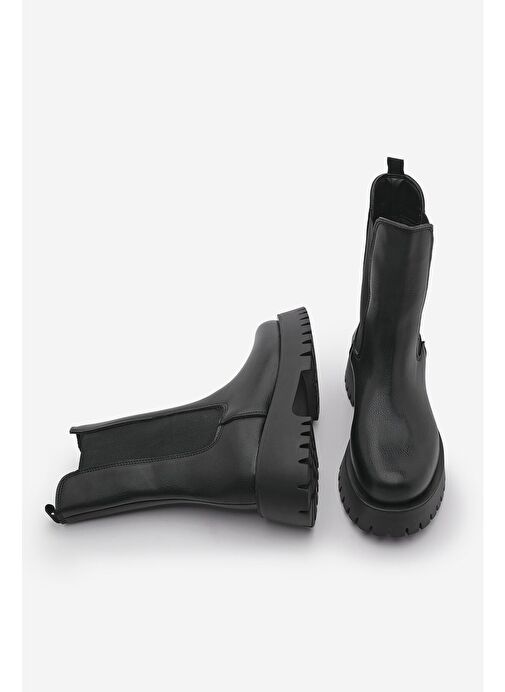 Kadın Kalın Taban Elastik Yan Bantlı Günlük Bot Zemes Siyah - Görsel 8