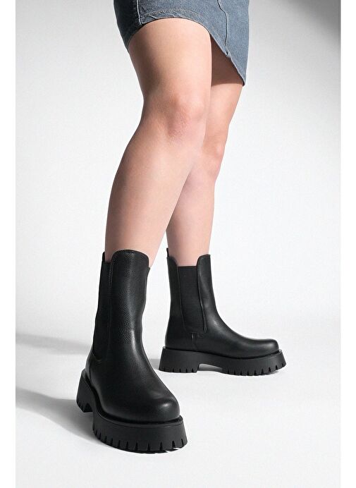 Kadın Kalın Taban Elastik Yan Bantlı Günlük Bot Zemes Siyah - Görsel 5