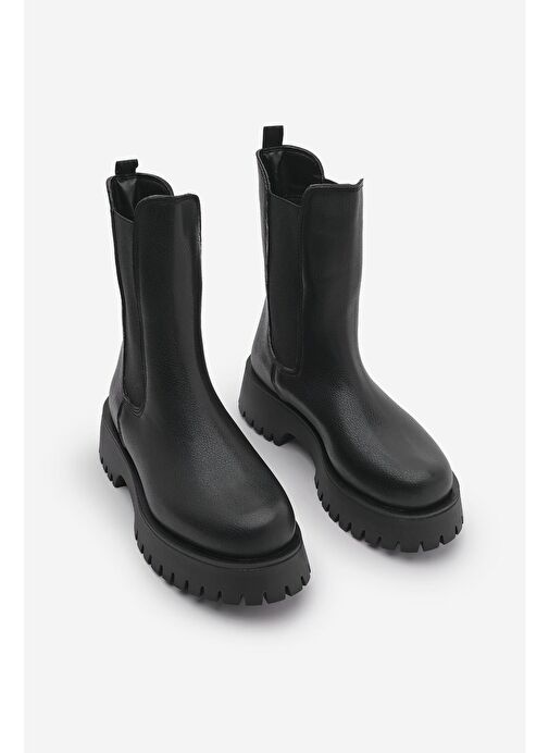 Kadın Kalın Taban Elastik Yan Bantlı Günlük Bot Zemes Siyah - Görsel 6