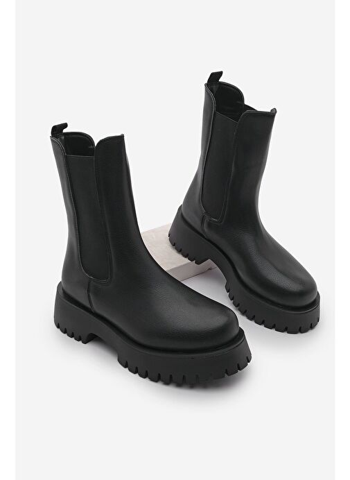 Kadın Kalın Taban Elastik Yan Bantlı Günlük Bot Zemes Siyah - Görsel 2