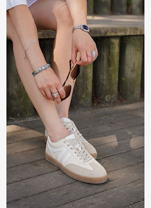 Kadın Sneaker Bağcıklı Düz Taban Spor Ayakkabı Tiyone Bej - Görsel 3