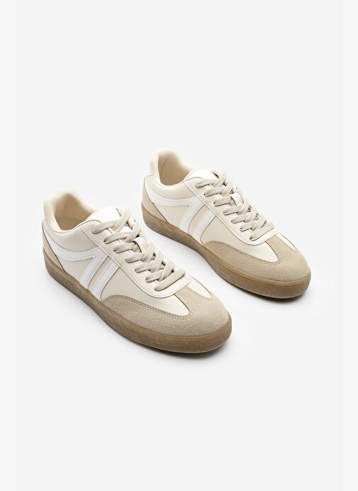 Kadın Sneaker Bağcıklı Düz Taban Spor Ayakkabı Tiyone Bej - Görsel 6