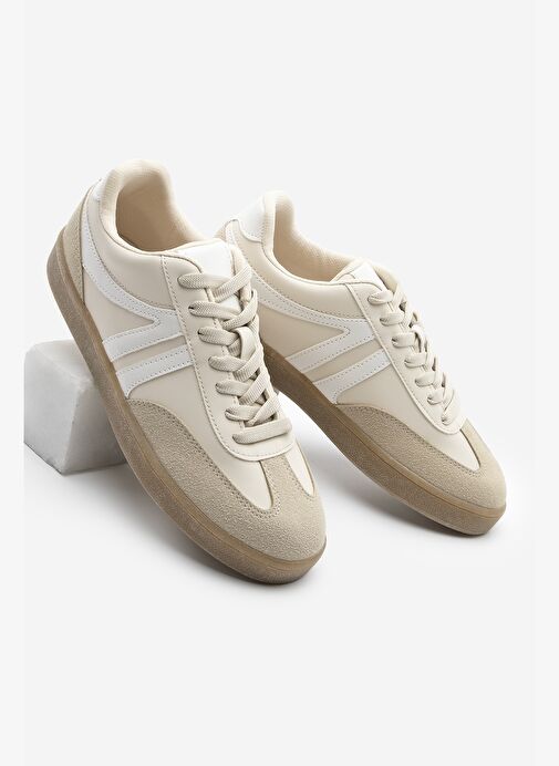 Kadın Sneaker Bağcıklı Düz Taban Spor Ayakkabı Tiyone Bej - Görsel 2