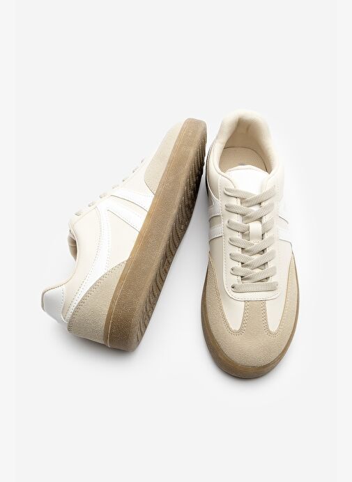 Kadın Sneaker Bağcıklı Düz Taban Spor Ayakkabı Tiyone Bej - Görsel 9
