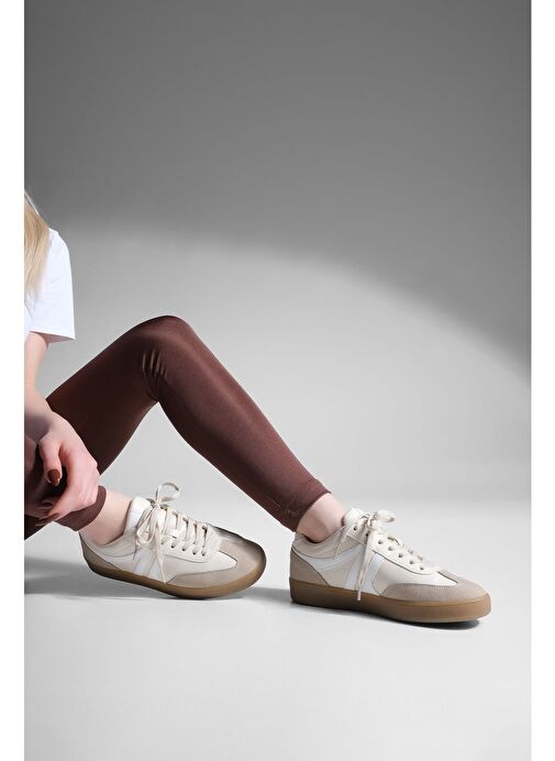 Kadın Sneaker Bağcıklı Düz Taban Spor Ayakkabı Tiyone Bej - Görsel 7