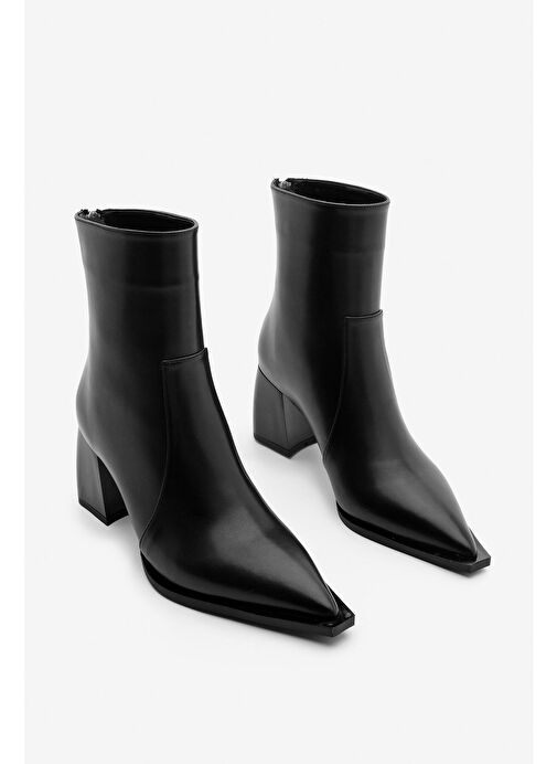 Kadın Sivri Burun Arkadan Fermuarlı Topuklu Bot Erves Siyah - Görsel 4