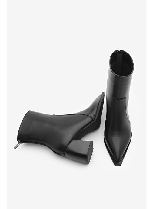 Kadın Sivri Burun Arkadan Fermuarlı Topuklu Bot Erves Siyah - Görsel 6