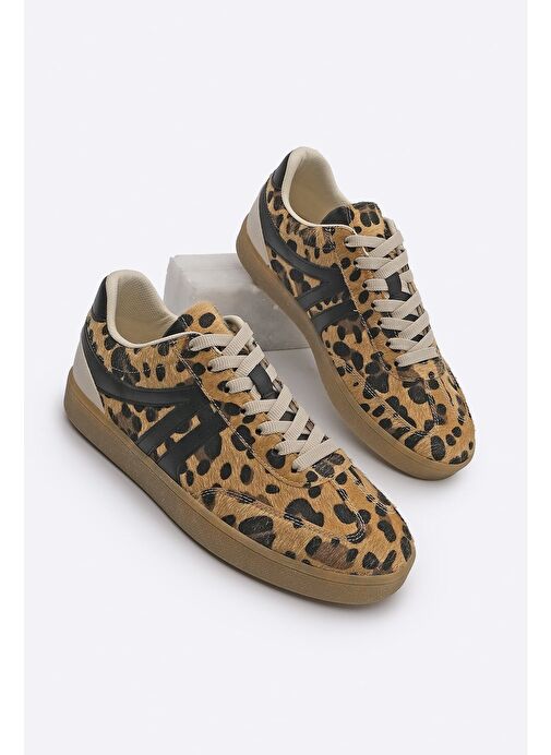 Kadın Sneaker Bağcıklı Düz Taban Spor Ayakkabı Tiyone Leopar - Görsel 2