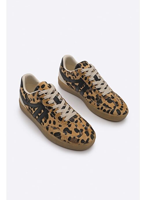 Kadın Sneaker Bağcıklı Düz Taban Spor Ayakkabı Tiyone Leopar - Görsel 6