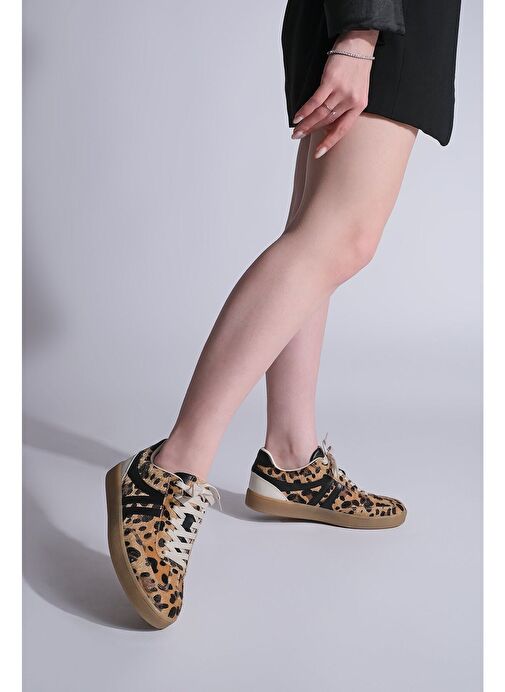 Kadın Sneaker Bağcıklı Düz Taban Spor Ayakkabı Tiyone Leopar - Görsel 7