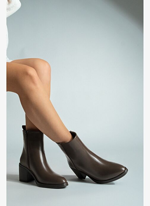 Kadın Topuklu Bot Sivri Burun Fermuarlı Cerin Kahve - Görsel 3
