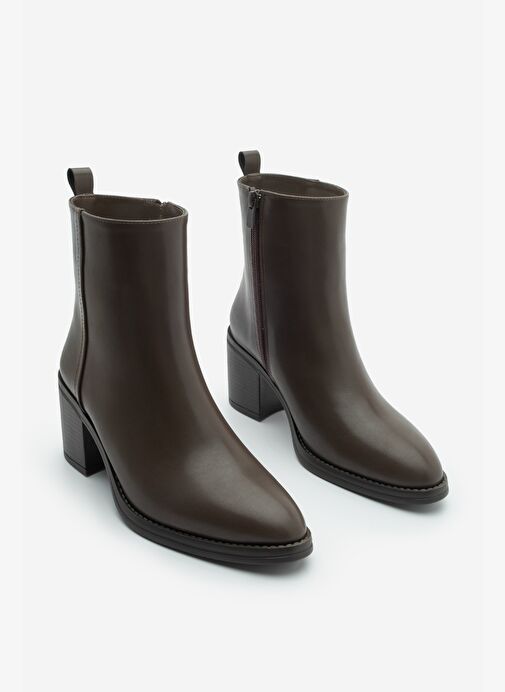 Kadın Topuklu Bot Sivri Burun Fermuarlı Cerin Kahve - Görsel 5