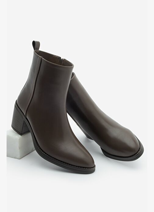 Kadın Topuklu Bot Sivri Burun Fermuarlı Cerin Kahve - Görsel 2