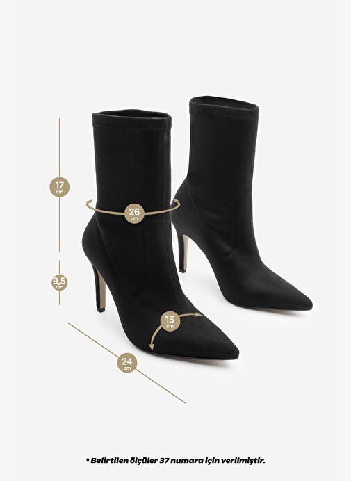 Kadın Sivri Burun Fermuarsız Streç Süet Topuklu Bot Pesina Siyah - Görsel 8