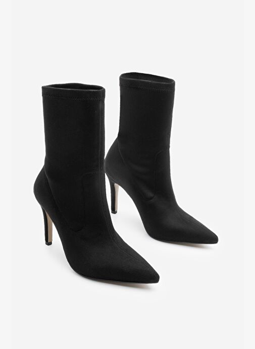 Kadın Sivri Burun Fermuarsız Streç Süet Topuklu Bot Pesina Siyah - Görsel 4
