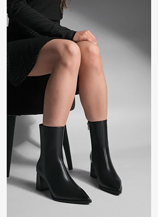 Kadın Kalın Topuklu Sivri Burun Bot Simva Siyah - Görsel 3