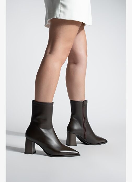 Kadın Kalın Topuklu Sivri Burun Bot Simva Kahve - Görsel 9