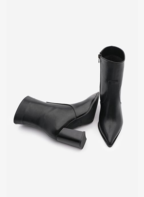 Kadın Yandan Fermuar Sivri Burun Kalın Topuklu Bot Laktone Siyah - Görsel 8