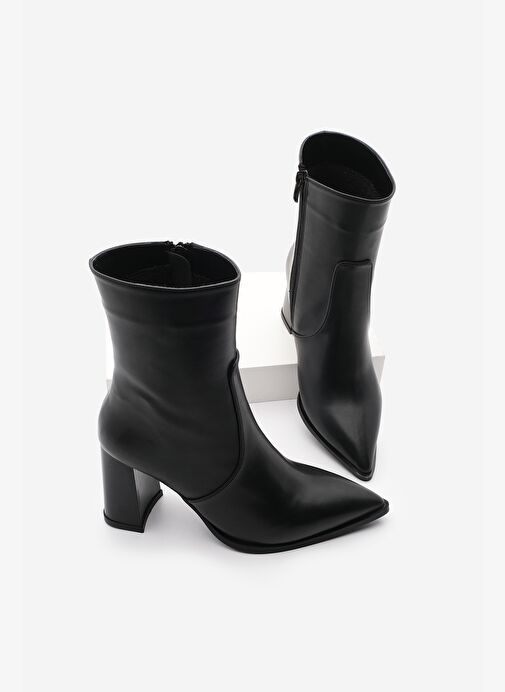 Kadın Yandan Fermuar Sivri Burun Kalın Topuklu Bot Laktone Siyah - Görsel 2