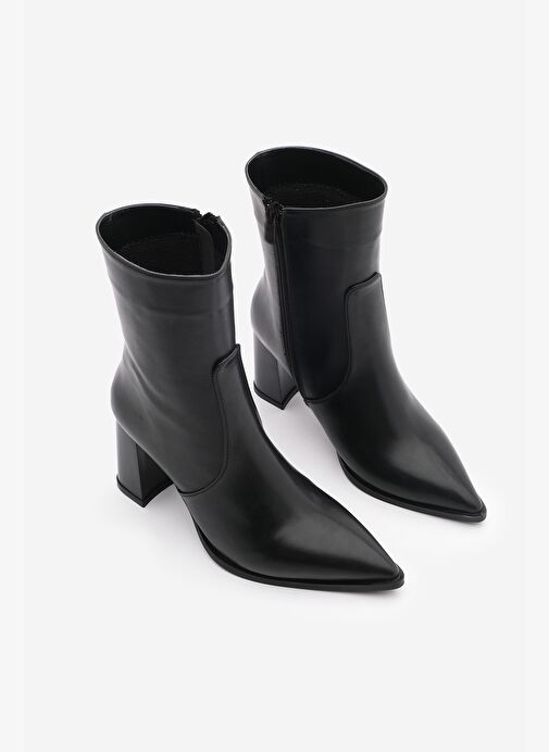 Kadın Yandan Fermuar Sivri Burun Kalın Topuklu Bot Laktone Siyah - Görsel 6