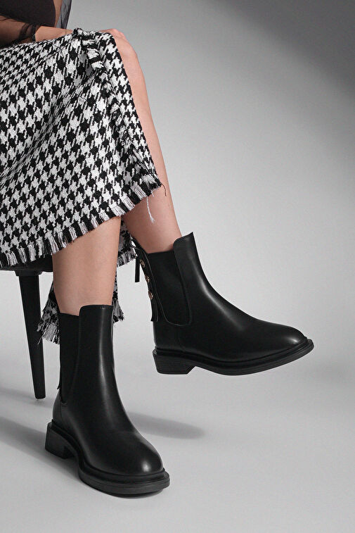 Kadın Altın Düğmeli Çift Lastikli Arkadan Fermuarlı Günlük Bot Valone Siyah - Görsel 4