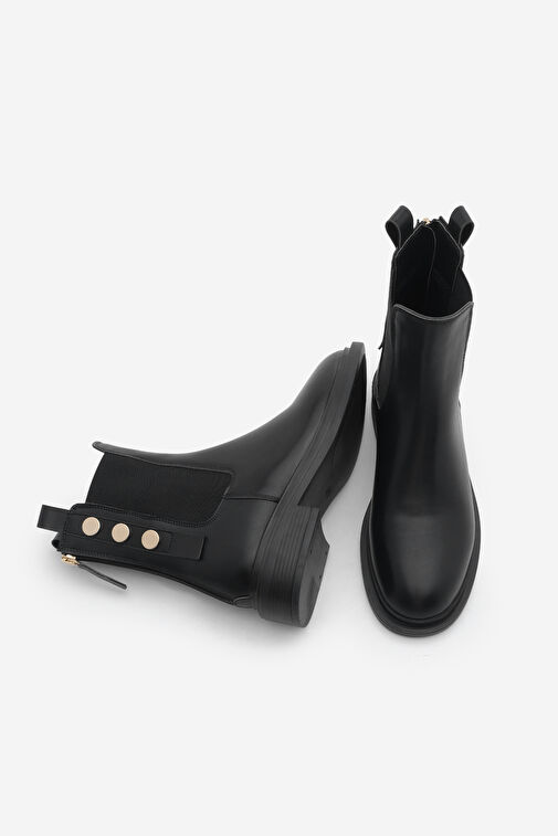 Kadın Altın Düğmeli Çift Lastikli Arkadan Fermuarlı Günlük Bot Valone Siyah - Görsel 7