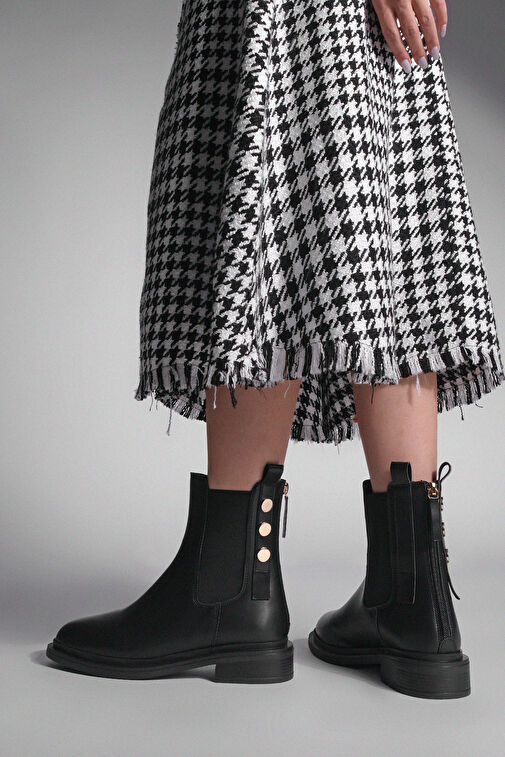 Kadın Altın Düğmeli Çift Lastikli Arkadan Fermuarlı Günlük Bot Valone Siyah - Görsel 8