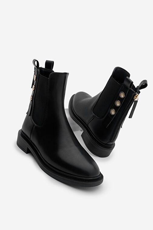 Kadın Altın Düğmeli Çift Lastikli Arkadan Fermuarlı Günlük Bot Valone Siyah - Görsel 9