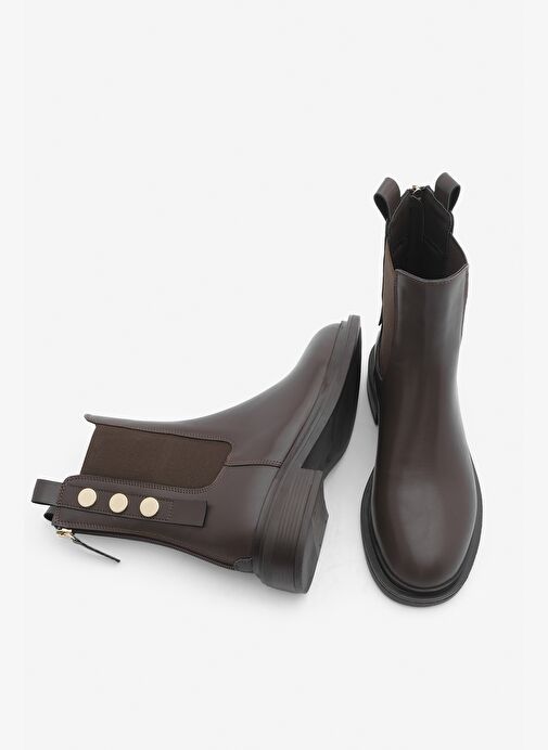 Kadın Altın Düğmeli Çift Lastikli Arkadan Fermuarlı Günlük Bot Valone Kahve - Görsel 6