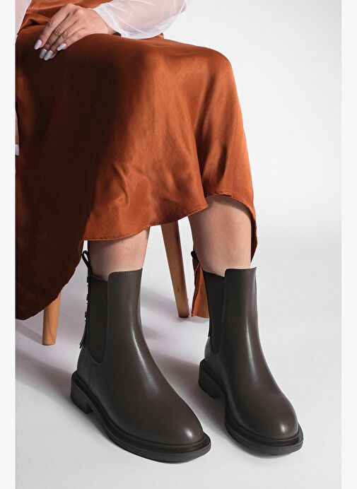 Kadın Altın Düğmeli Çift Lastikli Arkadan Fermuarlı Günlük Bot Valone Kahve - Görsel 3