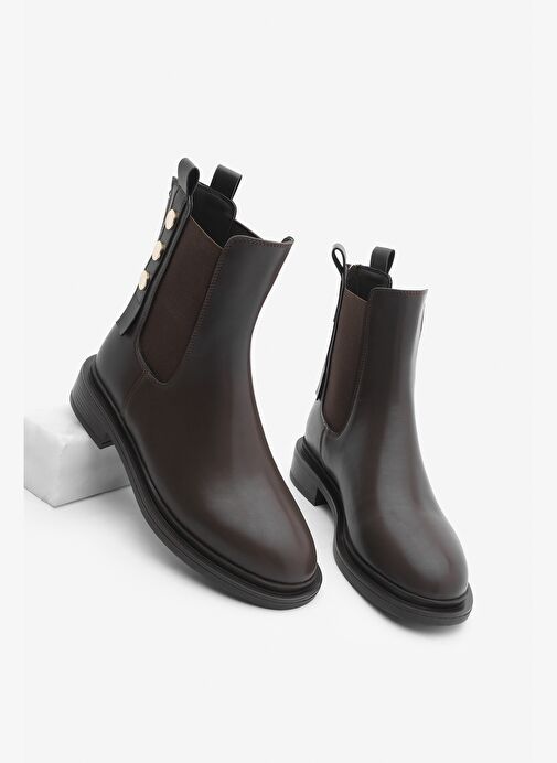 Kadın Altın Düğmeli Çift Lastikli Arkadan Fermuarlı Günlük Bot Valone Kahve - Görsel 2