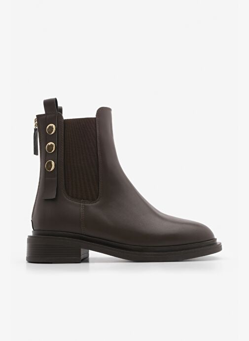 Kadın Altın Düğmeli Çift Lastikli Arkadan Fermuarlı Günlük Bot Valone Kahve - Görsel 4